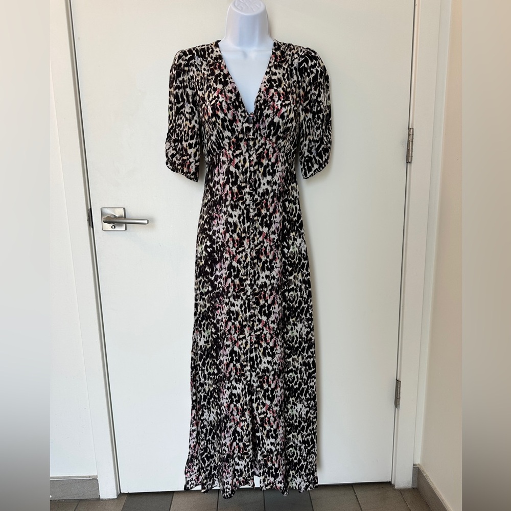 AllSaints Kota Leofall Leopard Print Maxi Dress Elbow Sleeve V Neck Long Size XS
